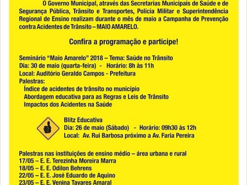 Campanha MAIO AMARELO começa amanhã