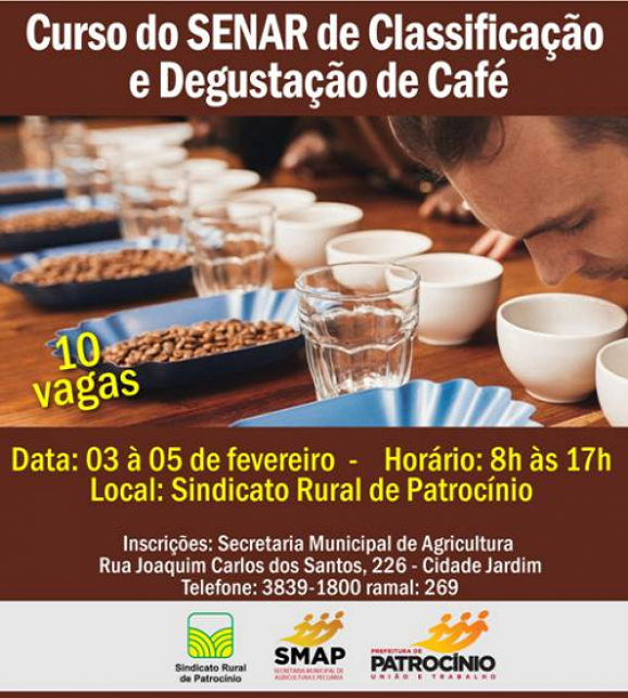 Governo Municipal e Sindicato Rural de Patrocínio oferecem curso gratuito de Classificação e Degustação de Café