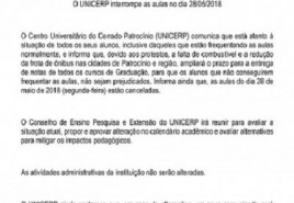O UNICERP interrompe as aulas no dia 28/05/2018