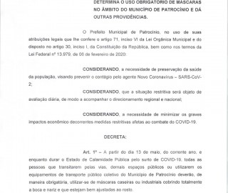 Imagem 1 do post Novo decreto torna obrigatório o uso de máscaras em Patrocínio a partir do dia 13 de maio